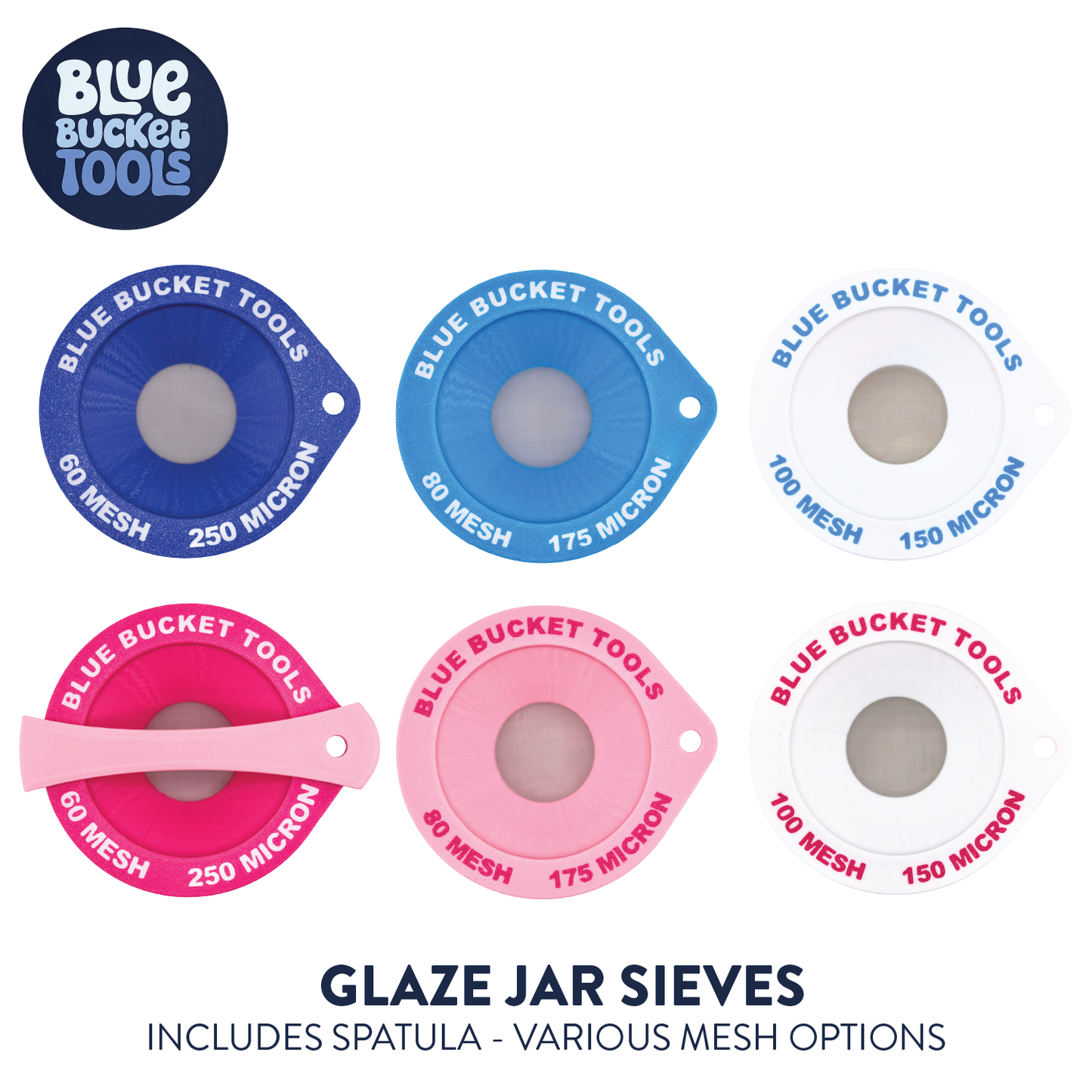 Blue Bucket Tools - Jar Sieve for Commercial Glazes and Underglazes - Includes Spatula (Various Options)