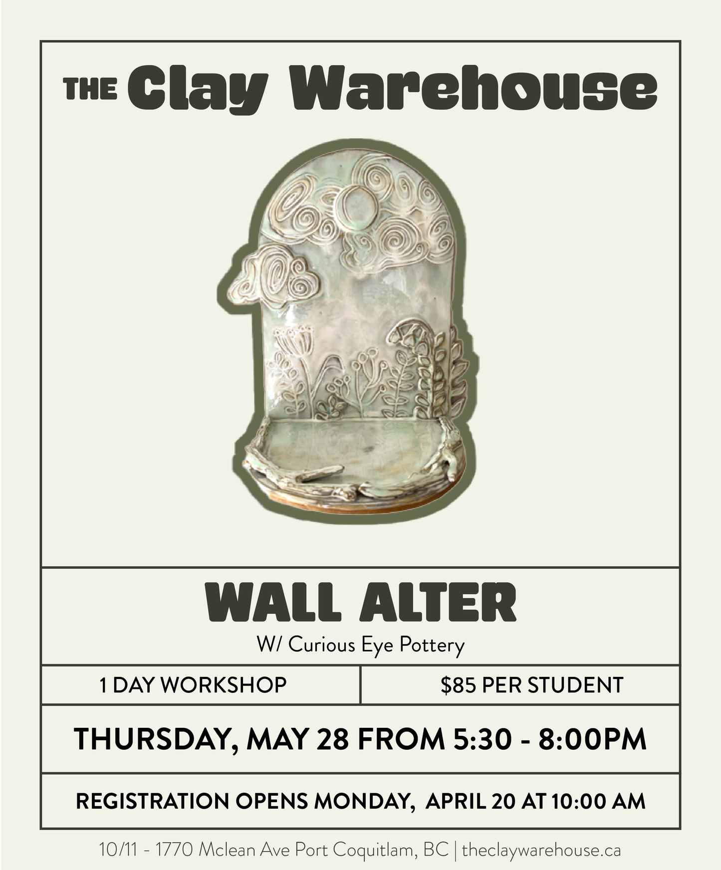 *SPECIAL WORKSHOP* Slab Built Wall Alter w/ Curious Eye Pottery